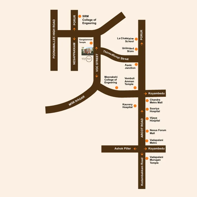 Location advantage map highlighting connectivity of Vivanas Aloft flats in Valasaravakkam